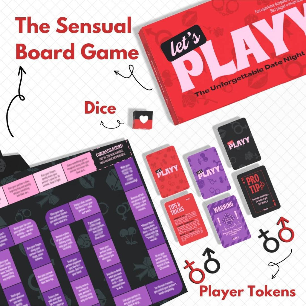 Board game components including cards, dice, and player tokens with 'Let's Play' branding.